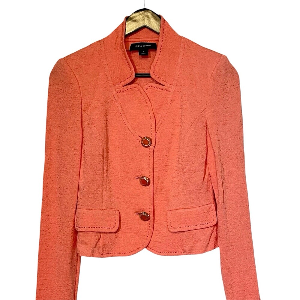 Vintage St. John Womens Jacket Blazer Knit Textured Coral Buttons Suit Career